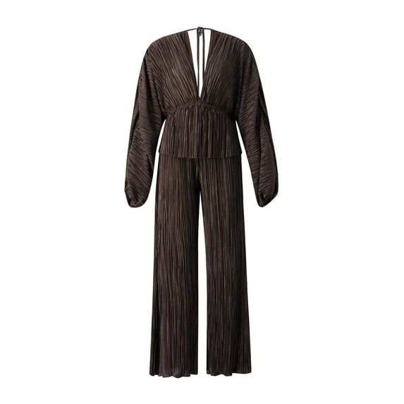 Seyurigaoka Women Two Piece Pant Set Casual Suit Solid Color Long Sleeve Stripe Pleated Texture Tops + Loose Long Pants Outfit Autumn Clothing
