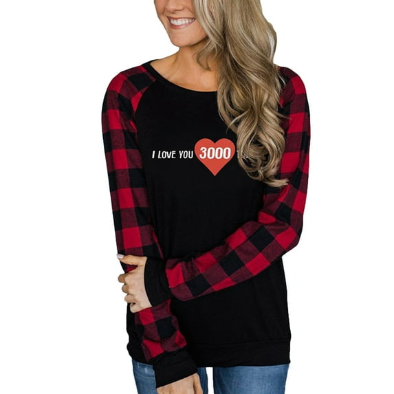 Seyurigaoka Women Valentine's Plus Size T-shirt, O-Neck Plaid Long Sleeves Love Heart Pattern Letter Pullover Tops