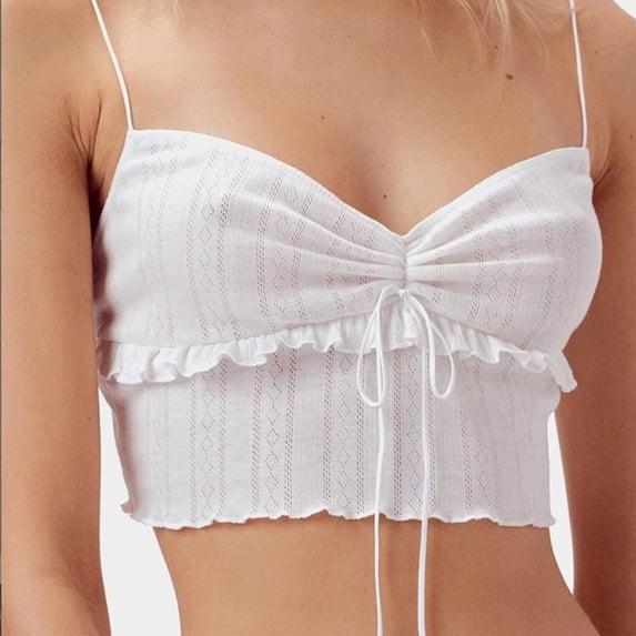 Seyurigaoka Women White Sleeveless Camisole Solid Color Trim V Collar Crop Top