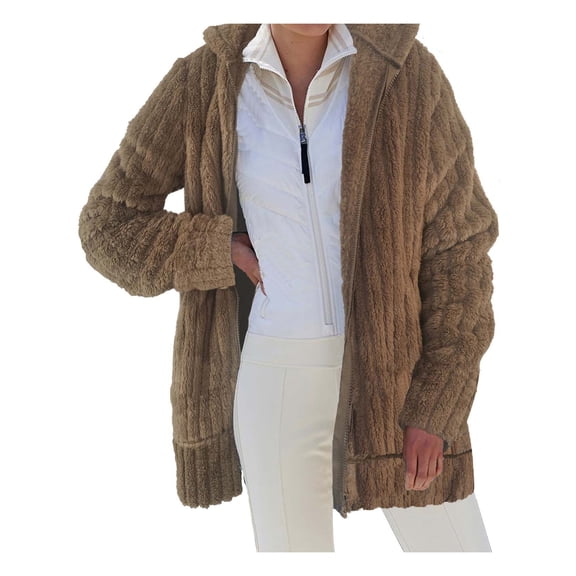 Seyurigaoka Women Winter Ribbed Jacket Coat Long Sleeve Hooded Zipper Closure Solid Warm Oversized Coat Outwear with Pockets