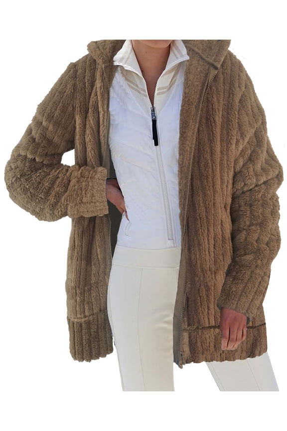 Women Winter Ribbed Jacket Coat Long Sleeve Hooded Zipper Closure Solid Warm Oversized Coat Outwear with Pockets