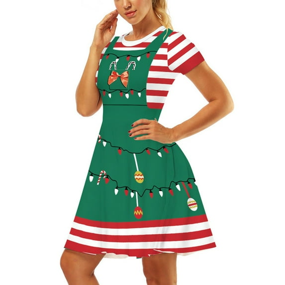 Seyurigaoka Women's 3D Print Short Sleeve Christmas Dress, Casual A-Line Holiday Party Midi Dress