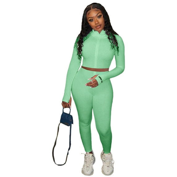 Seyurigaoka Women´s Cropped Shirt, Knitting Trousers, Zipper Long Sleeve Ruffle Casual Yoga Elastic Sports High-Waist Pants