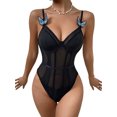 thumbnail image 1 of Seyurigaoka Women's Deep V Neck Bodysuit Sleeveless Contrast Mesh Underwire Teddy Lingerie with Butterfly Appliques, 1 of 7