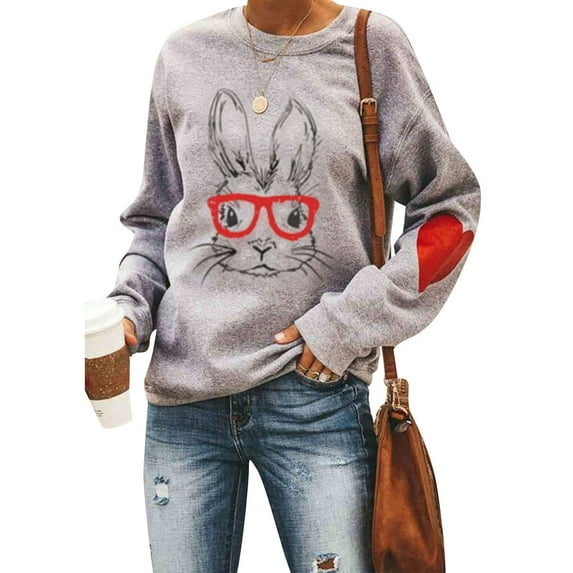 Seyurigaoka Women's Easter Bunny Sweatshirt Crew Neck Long Sleeve Snow Rabbit Jumper Tops Casual Plus Size Patchwork Graphics Tee Shirts