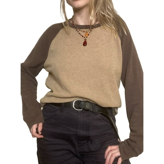 Seyurigaoka Women’s Juniors Contrast Color Round Neck Raglan Long Sleeve Loose T-shirt