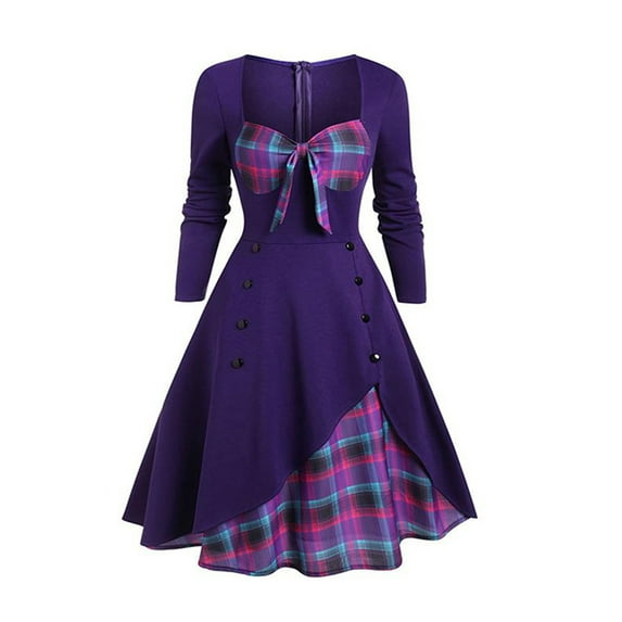 Seyurigaoka Women's Juniors Plus Sized Long Sleeve Square Neck Plaid Patchwork Zipper A-Line Dress