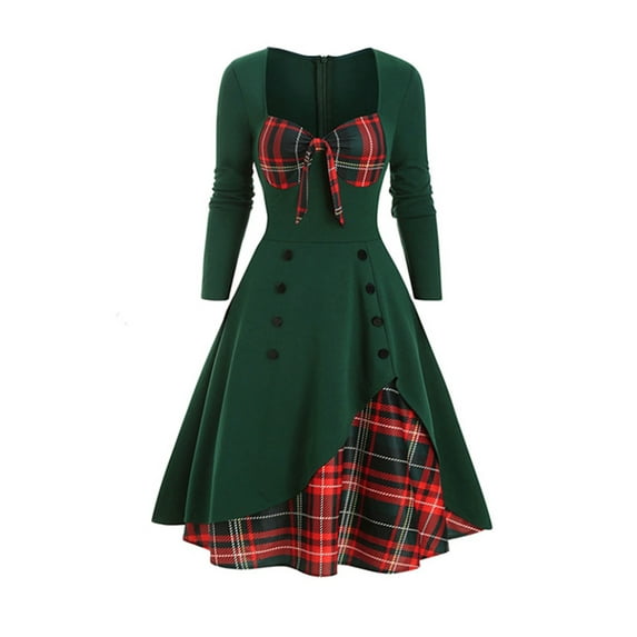 Seyurigaoka Women's Juniors Plus Sized Long Sleeve Square Neck Plaid Patchwork Zipper A-Line Dress