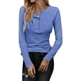 thumbnail image 1 of Seyurigaoka Women’s Juniors Solid Color Button Round Neck Stitching Long Sleeve T-shirt, 1 of 3