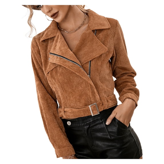 Seyurigaoka Women’s Juniors Solid Color Corduroy Long Sleeve Short Style Zipper Coat