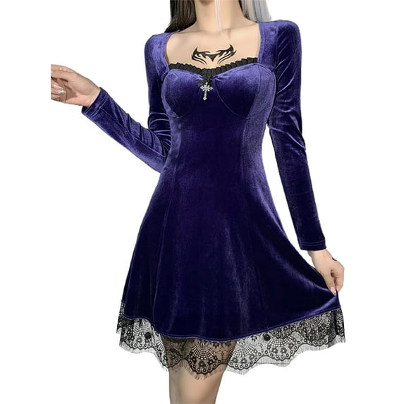 Seyurigaoka Women’s Juniors Solid Color Long Sleeve High Waist Lace Trim Gothic Dress