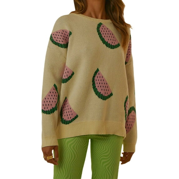 Seyurigaoka Women's Knitted Tops Long Sleeve Round Collar Watermelon/Lemon Printed Tops, Loose Fit Casual Streetwear Pullover