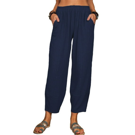 Seyurigaoka Women's Linen Harem Trouser Capri Pants Wide Leg Elastic Waist Cropped Trousers Loose Beach Yoga Pants Bottom