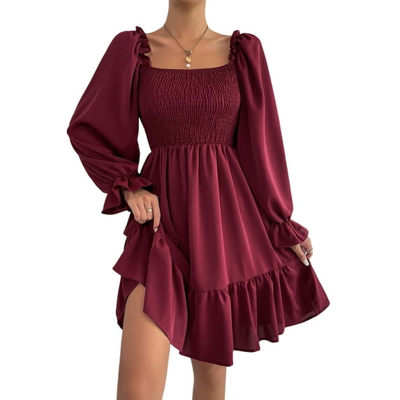Seyurigaoka Women’s Mini A-Line Dress, Sexy Long Sleeve Square Neck Smocked Ruffle Plain Dress