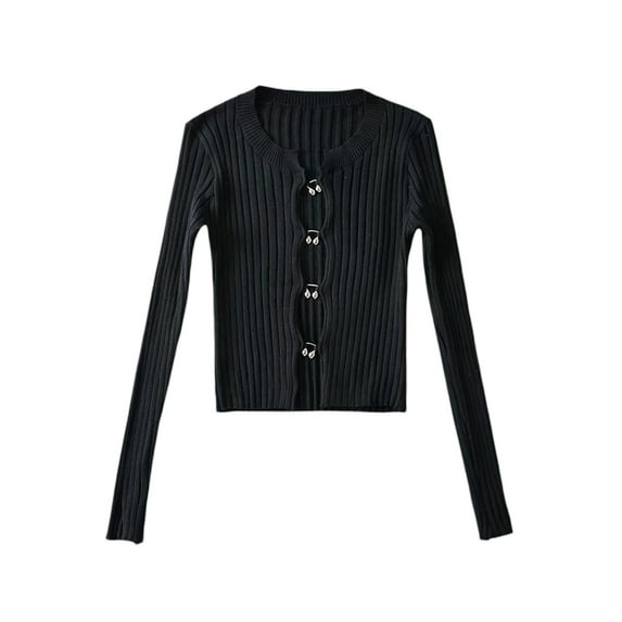 Seyurigaoka Women's Plain Color Knitted Tops Long Sleeve Ribbed U-Shaped Buttons Closure Casual Slim-Fit Street Style Knitwear