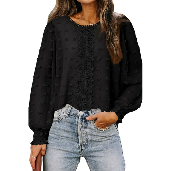 Seyurigaoka Women's Plus Size Blouse, Solid Color O-Neck Balloon Long Sleeve Jacquard Tops Pullover