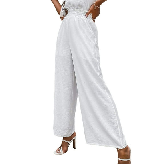 Seyurigaoka Women's Plus Sized Elastic High Waist Pants Casual Linen Boho Summer Beach Palazzo Wide Leg Loose Trousers