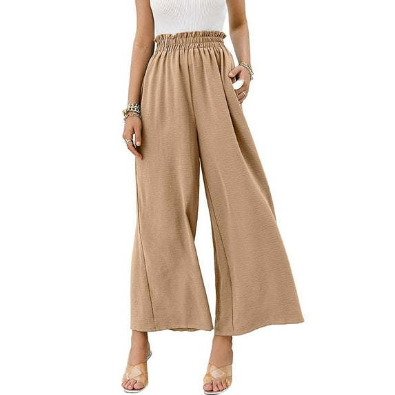 Seyurigaoka Women's Plus Sized Elastic High Waist Pants Casual Linen Boho Summer Beach Palazzo Wide Leg Loose Trousers