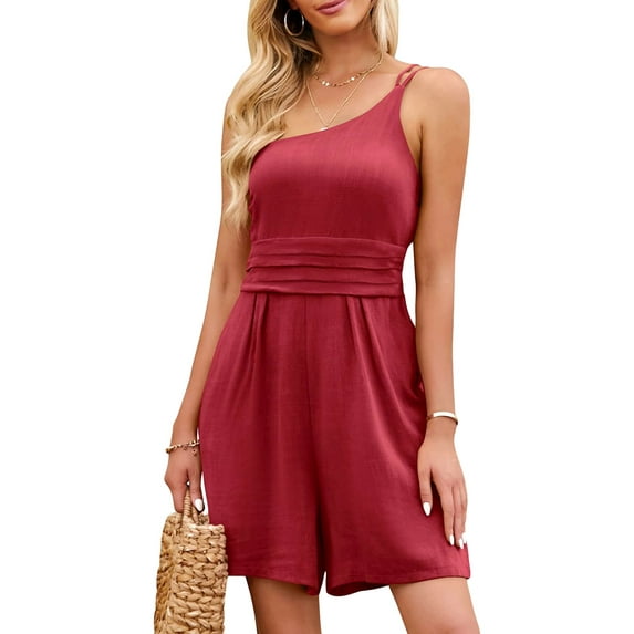 Seyurigaoka Women’s Sleeveless One Shoulder Wide Leg Jumpsuit Sleeveless Playsuit Solid Color Summer Casual Loose Short Wide Leg Pants