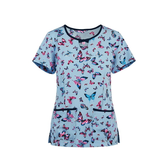 Seyurigaoka Women's Spring Summer New Plus Size of Fresh Sweet Print Round Neck Slim Type Nurse Uniform T-shirt