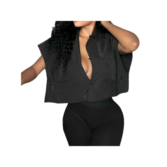 Seyurigaoka Women's Summer Fashion Personality Street Solid Color Loose Casual Button-Down Lapel Sleeveless Short Shirt Tops