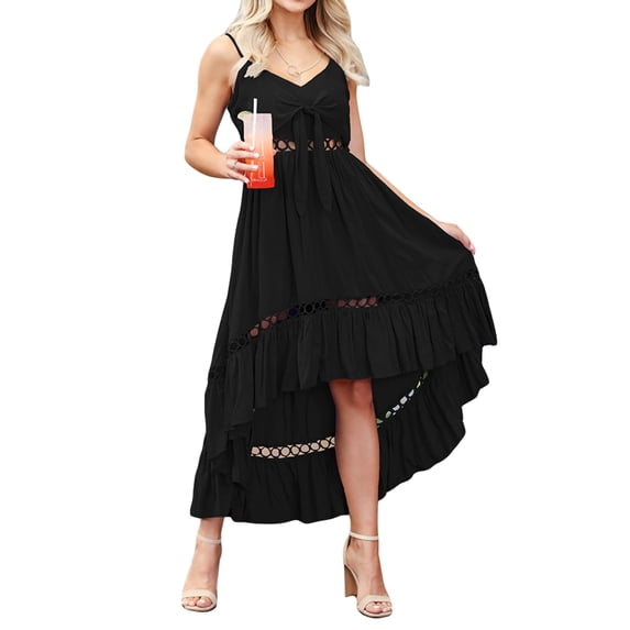 Seyurigaoka Women's Summer Long Sling Dress Solid Color Deep V Neck Irregular Ruffle Hem Slim Dress