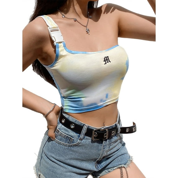 Seyurigaoka Women' s Summer One Shoulder Tank Tops Tie Dye Single Shoulder Vest