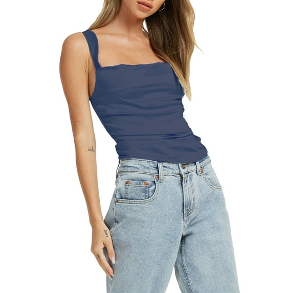 Seyurigaoka Women's Summer Satin Tank Tops Solid Color Sleeveless Square Neck Slim Fit Vest Clubwear