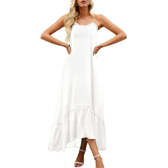Seyurigaoka Women's Summer Sleeveless Boho Dress Floral Patterns Ruffled Neckline High-low Hem Dress