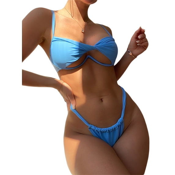 Seyurigaoka Women's Two-Piece Split Bikini Bathing Suit Solid Color Hollow Out Padded Bra + Triangle Bathing Panties