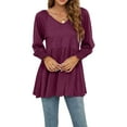 thumbnail image 1 of Seyurigaoka Women's V Neck Puff Long Sleeve Tunic Tops Casual Solid Color Smocked Cuffs Pleated Flare Babydoll Flowy Blouses Shirts, 1 of 7