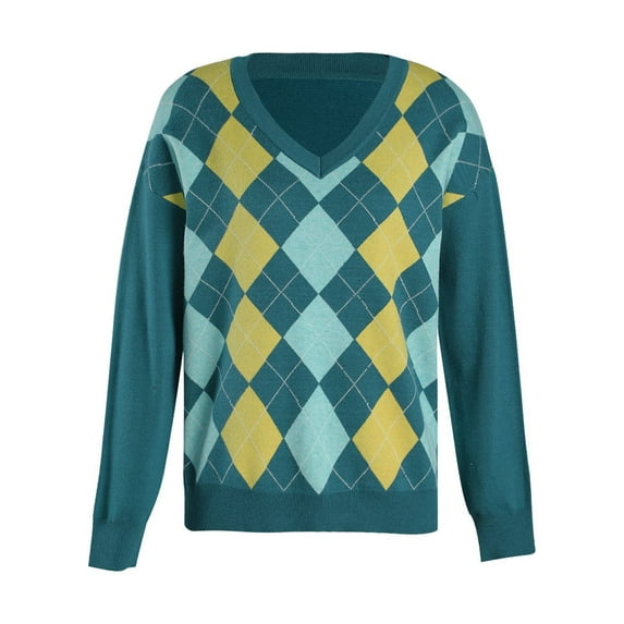 Seyurigaoka Women's V Neck Sweaters Long Sleeve Argyle Print Loose Knit Tops