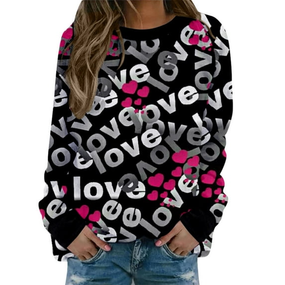 Seyurigaoka Women's Valentine's Pullover, Long Sleeve Round Neck Heart Letter Pattern Sweatshirt
