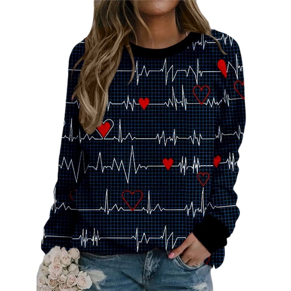 Seyurigaoka Women's Valentine's Pullover, Long Sleeve Round Neck Heart Letter Pattern Sweatshirt