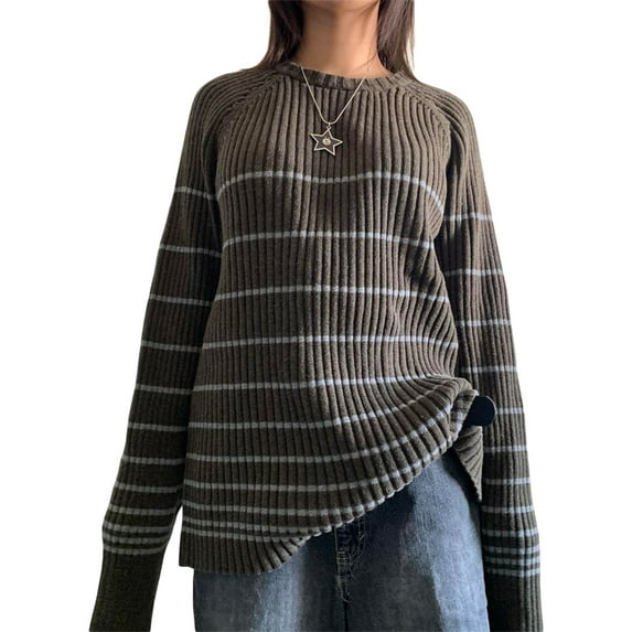 Seyurigaoka Womens Knit Striped Pullover Tops Color Block Long Sleeve Crew Neck Loose Sweatshirt Gothic Harajuku Tees Tops