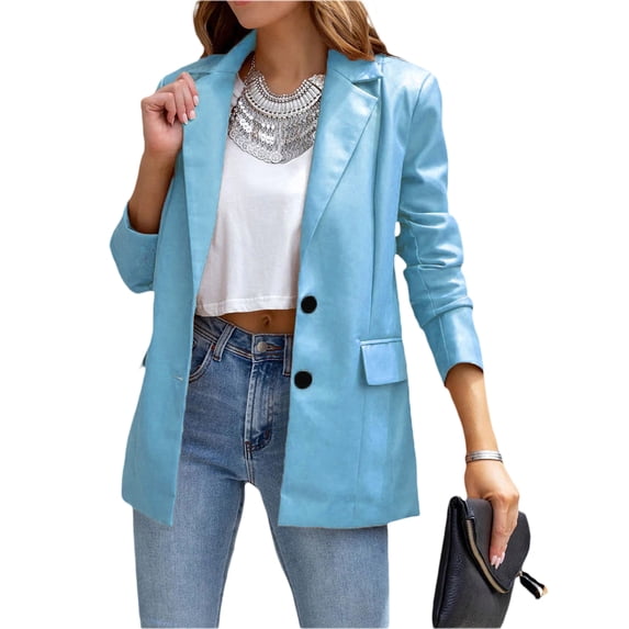 Seyurigaoka Womens PU Leather Jacket Fashion Long Sleeve Slim Blazer Button Down Shacket Coat Autumn Casual Solid Outwear with Pockets Streetwear