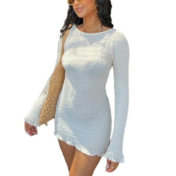 Seyurigaoka Womens Summer Bodycon Dress Solid Color Ribbed Long Sleeve Round Neck Skirts Backless Hollow Out Slim Mini Short Sundress