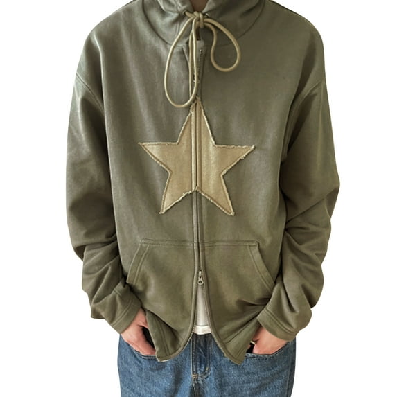 Seyurigaoka Zip Up Hoodie for Women 2000s Five-Pointed Star Graphic Oversized Hooded Sweatshirt Jacket E-Girl Harajuku Streetwear for Teen Girls