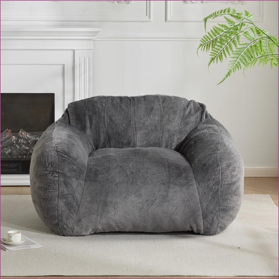 Sezze Gray Faux Fur Bean Bag Chair | Gray | Fabric,Foam