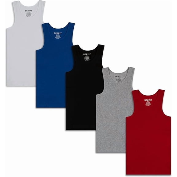 Sezzit 5 Pack Boys Ribbed Tank Tops, Tag-Free Soft Cotton Blend Undershirts for Boys, Five Breathable Sleeveless Shirts