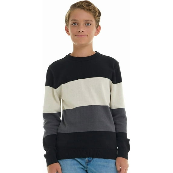 Sezzit Boys 100% Cotton Crewneck Sweater Soft Knit Pullover for Fall and Winter Long Sleeve Warm Knit - Black Stripes - Size 4
