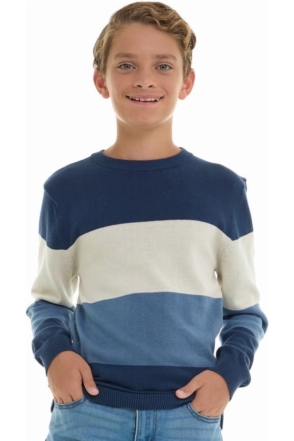 Boys 100% Cotton Crewneck Sweater Soft Knit Pullover for Fall and Winter Long Sleeve Warm Knit - Blue Stripes - Size 14