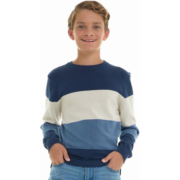 Sezzit Boys 100% Cotton Crewneck Sweater Soft Knit Pullover for Fall and Winter Long Sleeve Warm Knit - Blue Stripes - Size 6/7