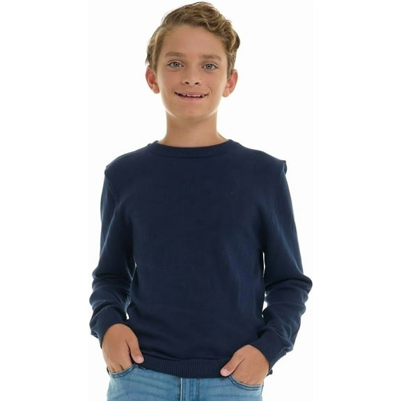 Sezzit Boys 100% Cotton Crewneck Sweater Soft Knit Pullover for Fall and Winter Long Sleeve Warm Knit - Navy - Size 7/8