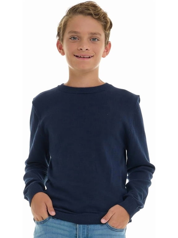 Boys 100% Cotton Crewneck Sweater Soft Knit Pullover for Fall and Winter Long Sleeve Warm Knit - Navy - Size 7/8