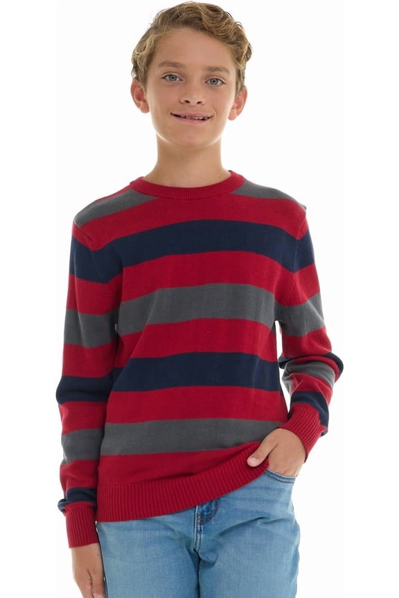 Boys 100% Cotton Crewneck Sweater Soft Knit Pullover for Fall and Winter Long Sleeve Warm Knit - Red Stripes - Size 7/8