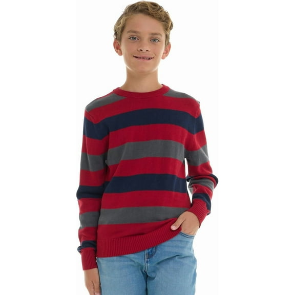 Sezzit Boys 100% Cotton Crewneck Sweater Soft Knit Pullover for Fall and Winter Long Sleeve Warm Knit - Red Stripes - Size 7/8