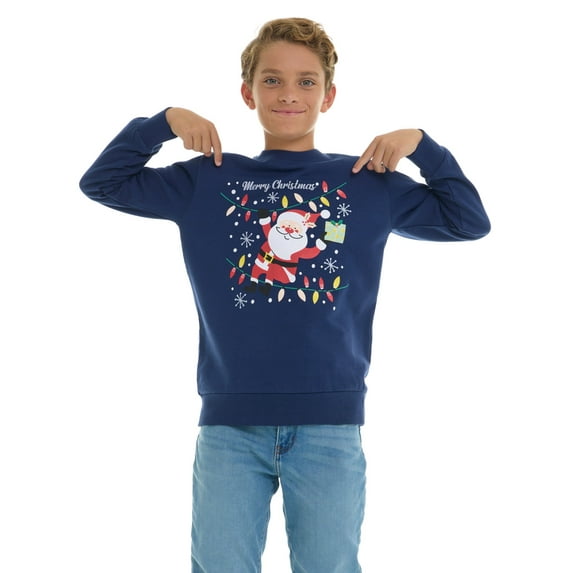 Sezzit Boys’ Christmas Sweatshirt – Clasic Cozy Xmas Fleece Pullover with Festive Holiday Graphics – Navy Santa -Size 14/16