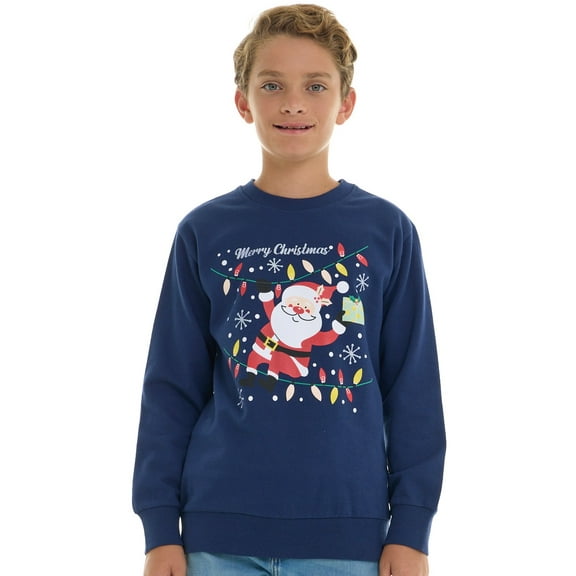 Sezzit Boys’ Christmas Sweatshirt – Clasic Cozy Xmas Fleece Pullover with Festive Holiday Graphics – Navy Santa -Size 5/6