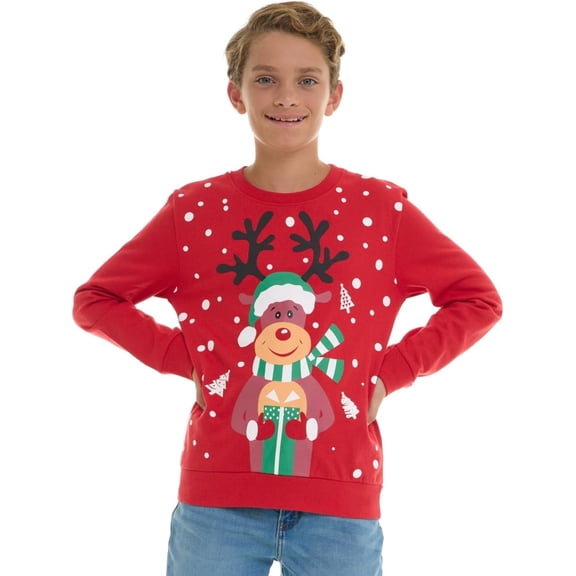 Sezzit Boys’ Christmas Sweatshirt – Clasic Cozy Xmas Fleece Pullover with Festive Holiday Graphics – Red Reindeer -Size 8